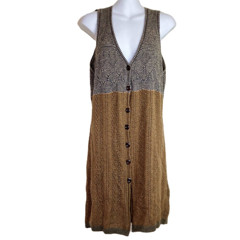 Sleeveless Knit Sweater Vest Button Front Brown & Grey Color Block Women's Lg